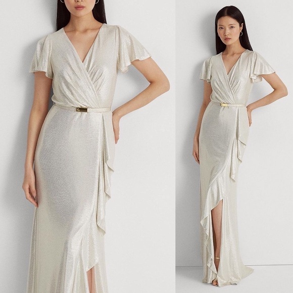 Lauren Ralph Lauren NWT Belted Metallic Knit Flutter Sleeve Gown Size 4 - Picture 1 of 12